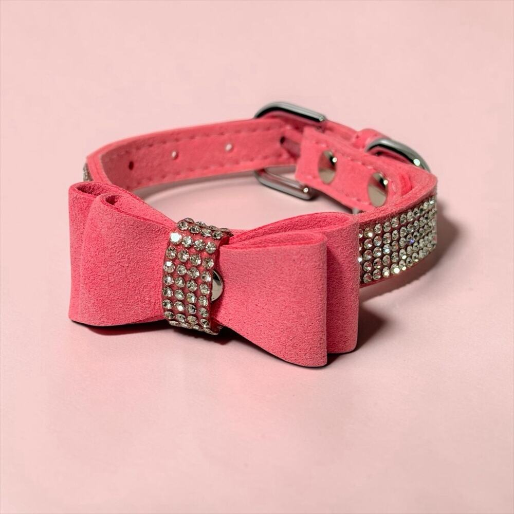 Pink Rhinestone Dog Collar Bow Bling Suede Style Small Pet Puppy 12”